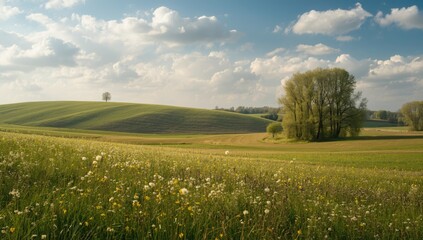Fototapeta premium Springtime in Poland with rolling hills and lush landscapes, highlighting seasonal renewal