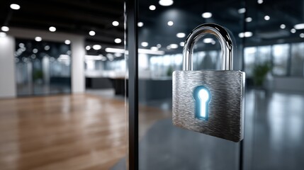 A silver lock with a blue light on it. The lock is on a door in a room
