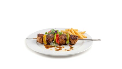 Grilled kebab on a white plate, focusing on food preparation and cleanliness standards