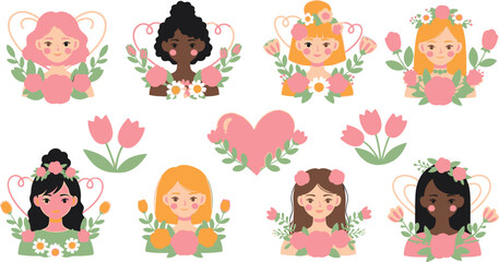 Naklejka premium Eight Diverse Women Portraits with Floral Hair Crowns and Tulips flowers
