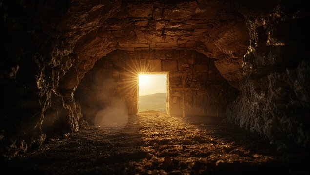 Sunrise over an empty tomb with crucifixion elements highlighting spiritual renewal, Easter - Powered by Adobe