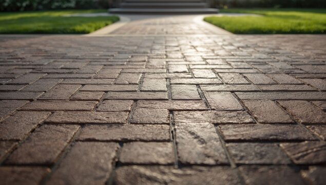 Varied-shaped brown and black interlocking paver stones forming outdoor surface, focusing on construction and aesthetic appeal