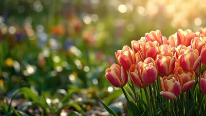 Colorful tulip flowers in pink and yellow hues blooming in a garden setting, background for floral arrangements or editorial use, Earth Day