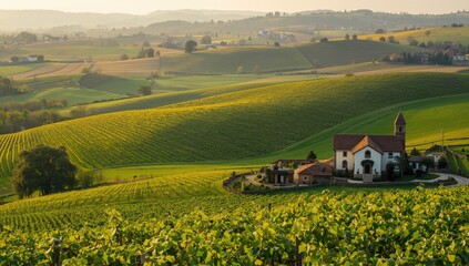 Romanian winery scene in springtime with lush vineyard and rural structures, highlighting seasonal agricultural practices