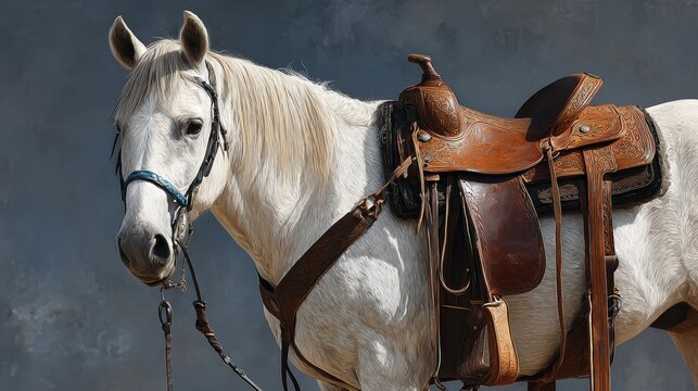 A white horse with a brown saddle is standing in front of a wall. The horse is wearing a bridle and has a white saddle on its back. The horse appears to be calm