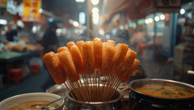 Traditional Korean fish cake skewers served as a popular snack in busy markets, highlighting street food style