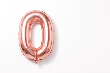Glossy rose gold numeral zero balloon positioned on clean white backdrop with copy space