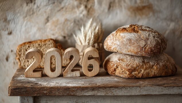 rustic bread still life with wooden numbers 2026 on wooden table, fresh artisanal sourdough loaves, wheat ears and flour, cozy bakery atmosphere. new year 2026, traditional baking, homemade food