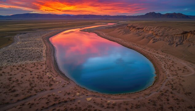 Gobi Desert landscape with lakes in central Mongolia, emphasizing arid terrain features