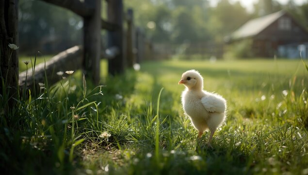 Farmyard scene featuring a chick, highlighting hatchery environment