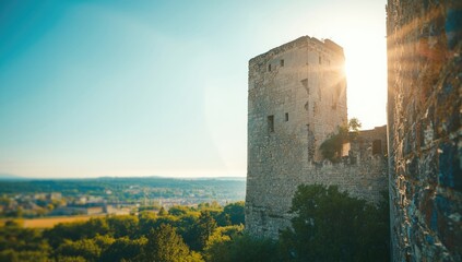 Old castle remains featuring a collapsed tower and weathered stone walls, illustrating architectural deterioration