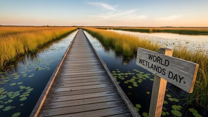 A wooden boardwalk through a serene wetland on world wetlands day with a sign and lily pads in the water
