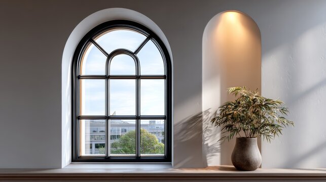 A window with a view of a city and a plant in a vase. The window is arched and has a view of the city below. The vase is brown and sits on a wooden shelf. The scene is peaceful and serene