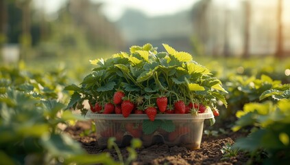 Recycled plastic packaging as planting containers for strawberry cultivation in Indonesia, promoting eco-friendly agriculture