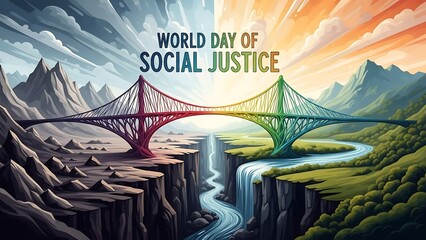 Vibrant rainbow bridge connecting two landscapes on world day of social justice