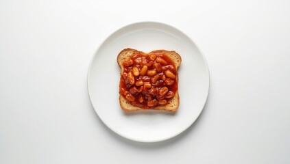 Toasted bread topped with baked beans, a typical quick meal, suitable for food styling and layout