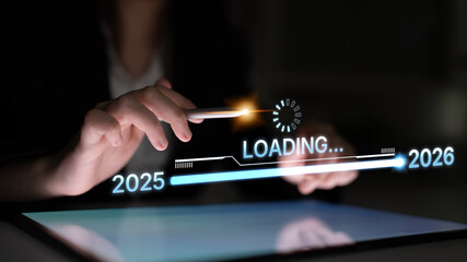 Visualizing the shift from 2025 to 2026. Progress bar symbolizing advancement, strategic foresight, yearly goal-setting, and business transformation for the upcoming year. Spline