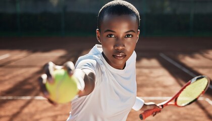 Young confident Black female tennis player holds a racket and extends a ball towards the camera with determination on a sunlit outdoor clay court
