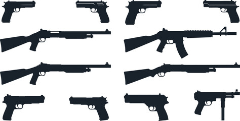 Collection of various firearm silhouettes on transparent background
