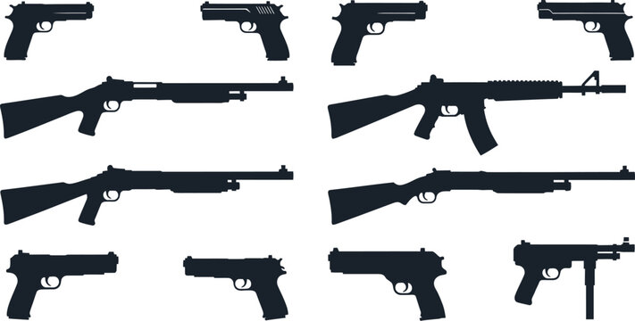 Collection of various firearm silhouettes on transparent background