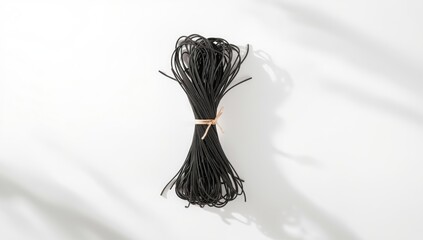 Black spaghetti with squid on white backdrop focuses on seafood pasta, Mediterranean cuisine, food photography