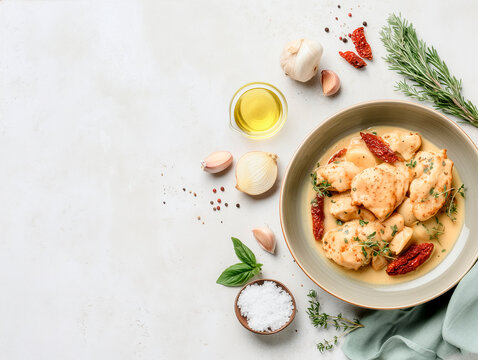 Top view of the preparation of Tuscan chicken with its ingredients around it.