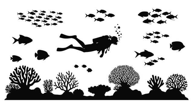 A silhouette of a scuba diver exploring an underwater world with fish and coral