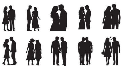 Set of diverse couples in various romantic poses and interactions isolated