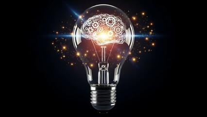 Innovative light bulb with glowing brain and sparks on black background
