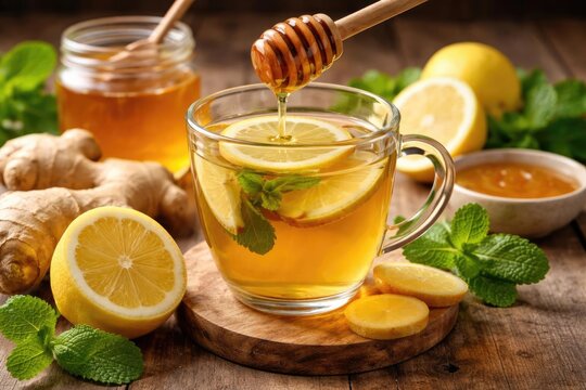 Natural remedy ginger tea with lemon and honey for inflammation and antioxidant support - Powered by Adobe