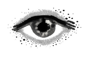 Abstract eye with digital pixel grid overlay and scattered ink particles, conceptualizing surveillance, data, and technology vision