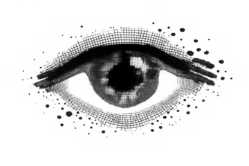 Abstract eye with digital pixel grid overlay and scattered ink particles, conceptualizing surveillance, data, and technology vision