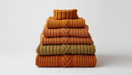 Pile of thick Irish wool and Cashmere sweaters with cable knit patterns serving as a seasonal fashion backdrop
