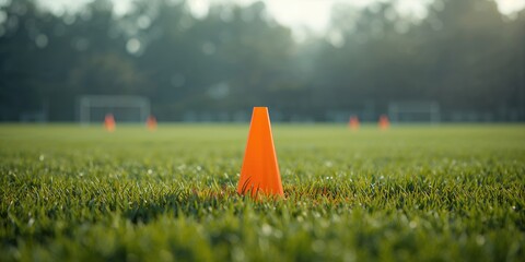 Obraz premium Soccer cone on a grass surface in the field, serving as a marker for sports activities and field organization