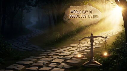 World day of social justice concept with scales on a stone pathway at night