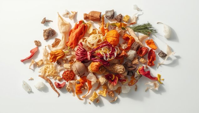 Organic waste ready for recycling shown on a clean white surface, focusing on waste processing