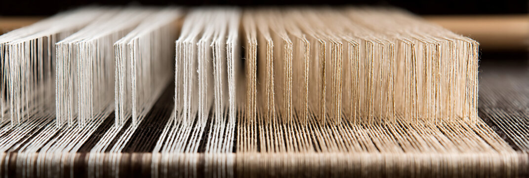 Close-up view of warp threads on traditional weaving loom showing intricate parallel yarn lines in neutral tones, textile manufacturing and craftsmanship background