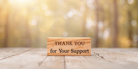 Thank you message on wooden block expressing appreciation for support, suitable for greeting cards and motivational displays