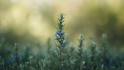 Outdoor shot of rosemary plant featuring clusters of bright blue flowers and dense green foliage, highlighting its perennial herb nature