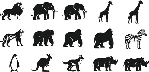 African wildlife animals in black silhouettes on transparent background © mst