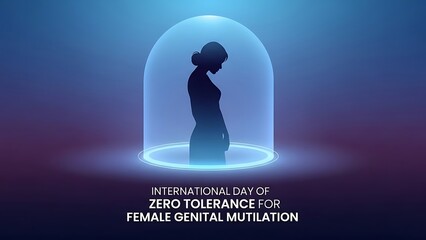 International day of zero tolerance for female genital mutilation awareness campaign poster with silhouette of woman under protective dome