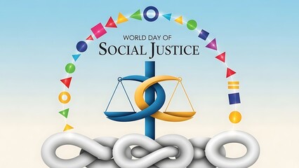 A vibrant illustration of a scale of justice with colorful flags and broken chain symbolizing freedom and equality