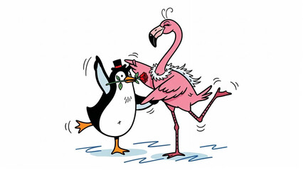 Cartoon penguin and flamingo dancing together on ice surface  