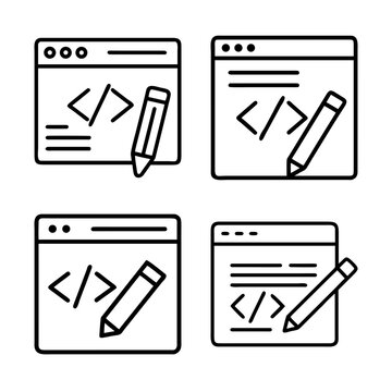 Four coding windows with pen representing development and programming tasks