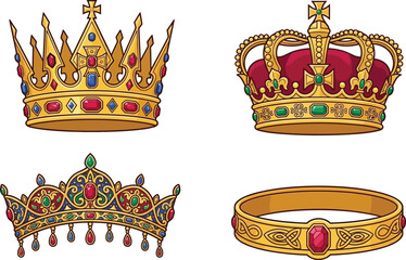 The image shows four different vector-style crowns. The crowns include gold, red, and blue gem elements