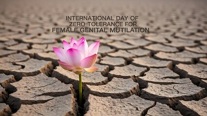 International day of zero tolerance for female genital mutilation awareness campaign with a pink flower growing in dry cracked earth
