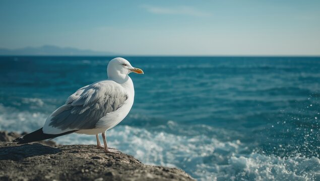 Seagull resting on a rock along the shoreline, focusing on bird activity and natural habitat, World Environment Day