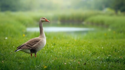 Greylag goose floating calmly in a lake, highlighting bird behavior in freshwater environments