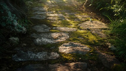 Moss-covered stone walkway bathed in morning light, emphasizing erosion susceptibility
