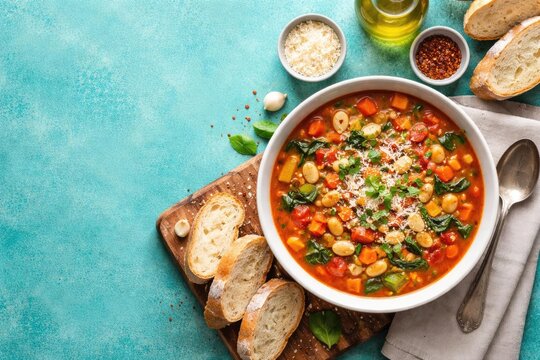 Italian homemade minestrone soup with bread set on turquoise table with copy space